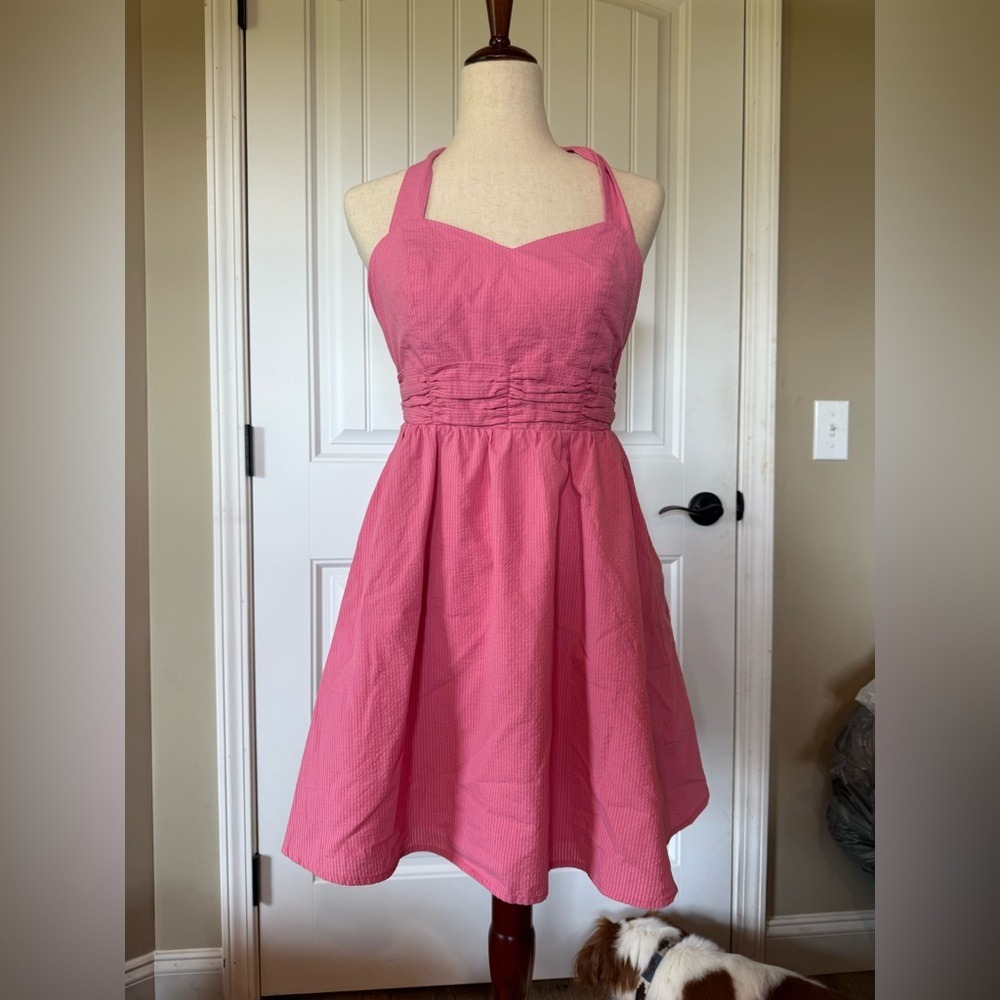 Lauren James Pink Seersucker Halter Sundress Flared Skirt‎ Dress M